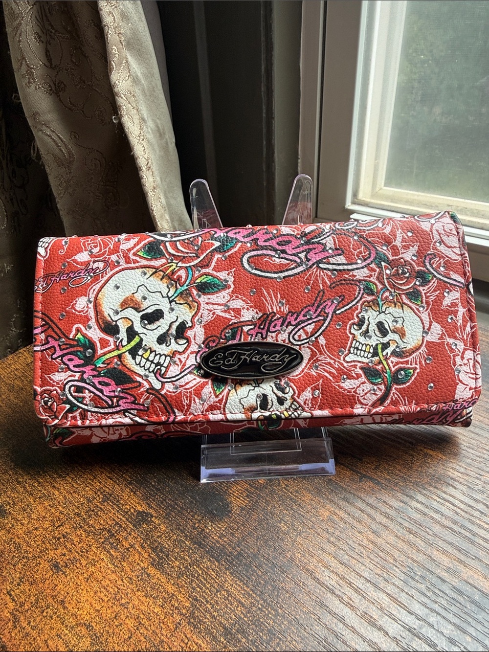 Ed Hardy Red Skull & Rose Continental Card Holder Wallet